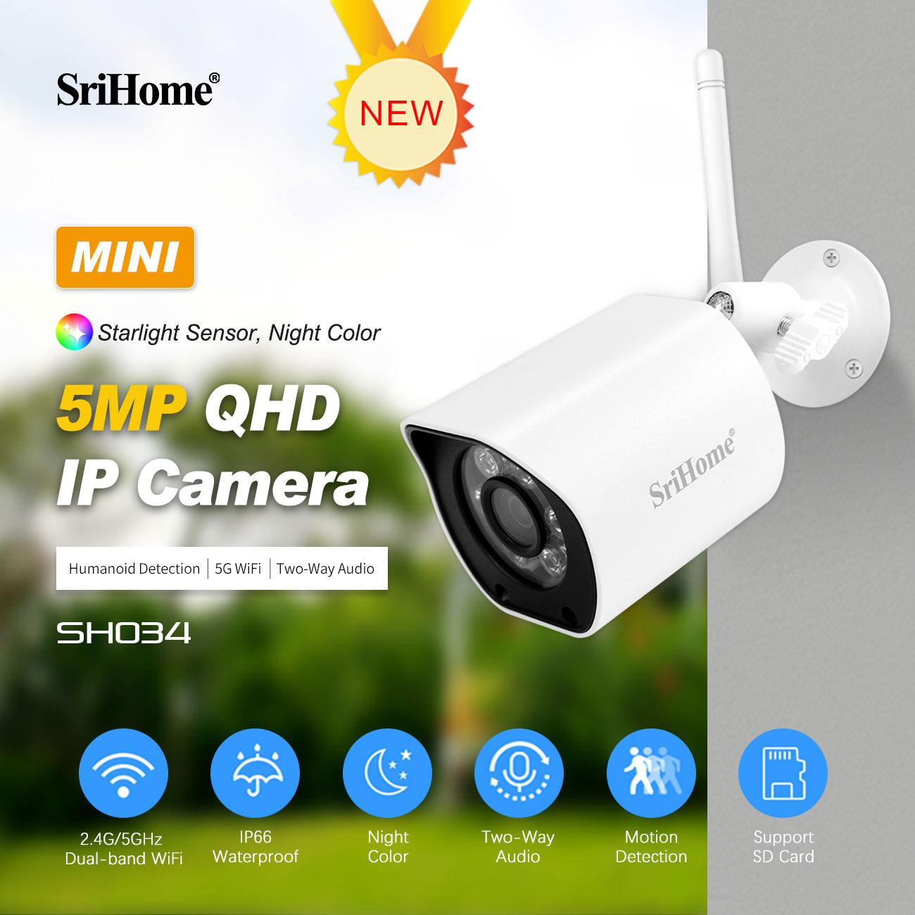 5MP QHD 2.4G&5G SriHome APP SH - Home Security Ai recension och pris